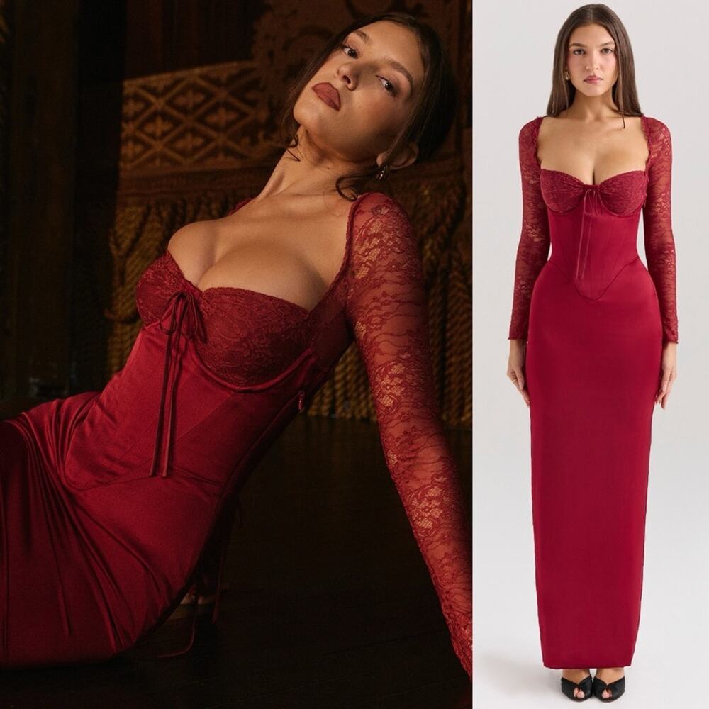House of CB PERDI Berry Satin Maxi Dress With Corset M PLUS CUP - Picture 16 of 16